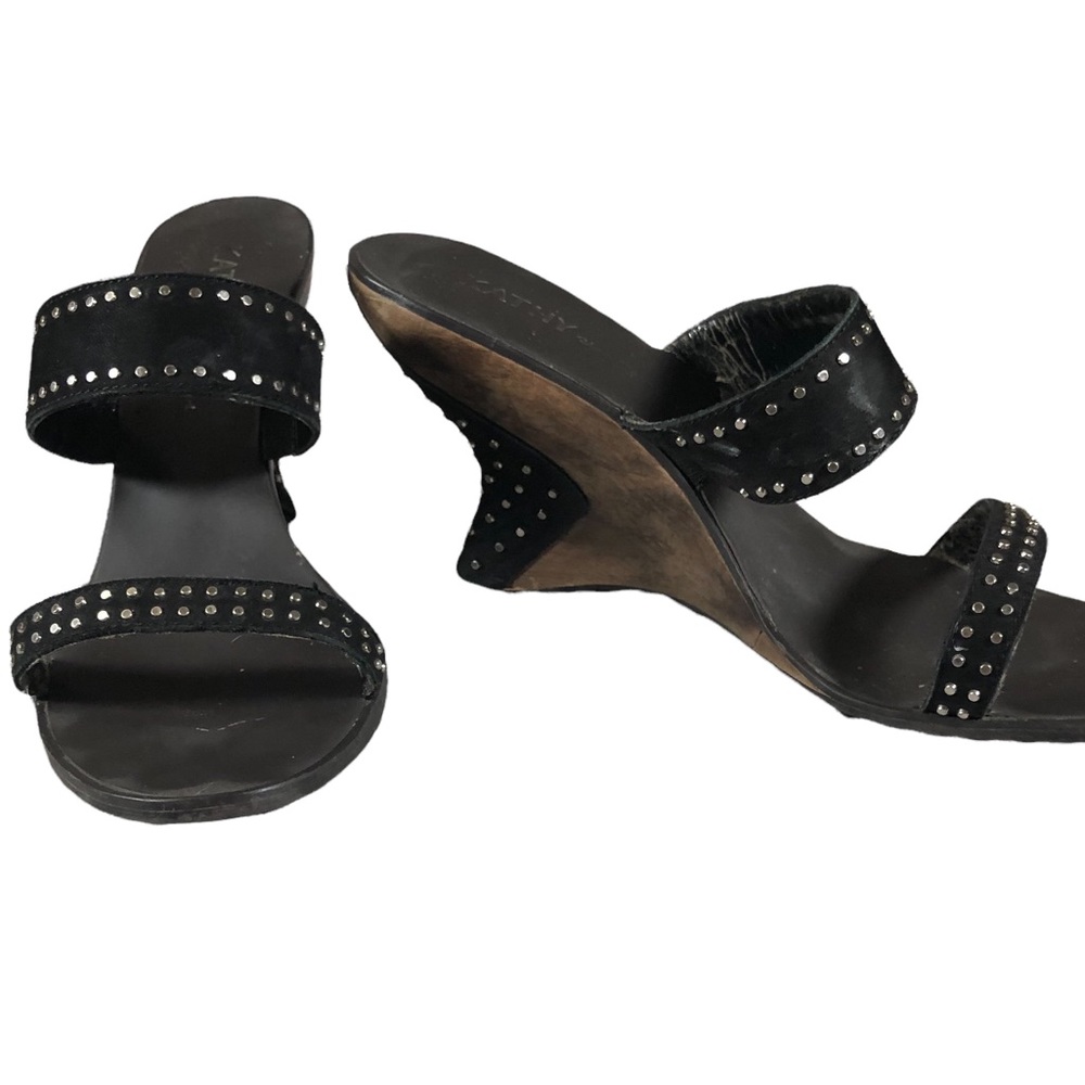 Kathy Van Zeeland Wedges Wooded Studded Black Strappy Sandals Silver Retro 90’s - Picture 2 of 10